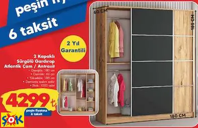 2 KAPAKLI SÜRGÜLÜ GARDIROP ATLANTİK ÇAM / ANTRASİT